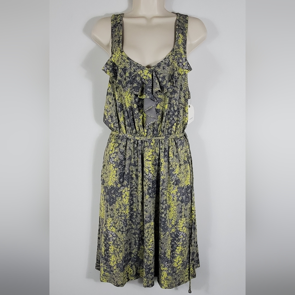 Caslon Gray & Green Spotted Dotted Sleeveless Ruffle Front Dress Size Medium